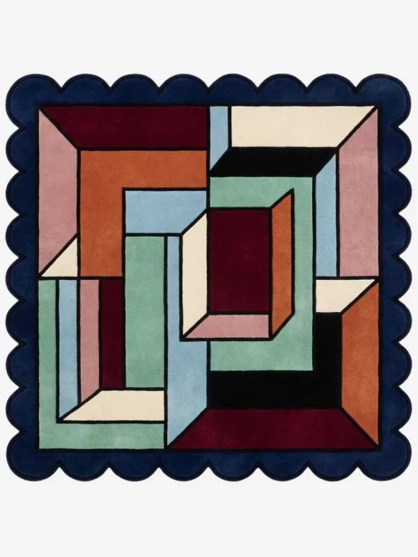 Top down view of the Offset Vault Square rug featuring a modern architectural pattern with staggered geometric blocks in high-quality wool, designed in a classic square shape.