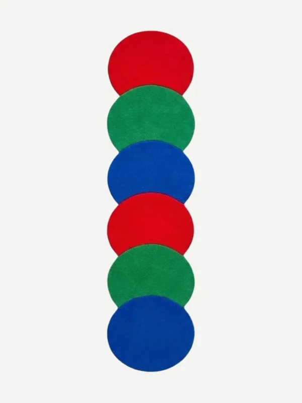 Top-down view of the Pastel Ring Stack runner rug against a white background, featuring a vertical geometric pattern of overlapping circles in bold, repeating shades of red, green, and blue. The intersecting circular shapes naturally form a continuous contoured scalloped outer edge along the plush hand-tufted New Zealand wool and viscose silk runner.