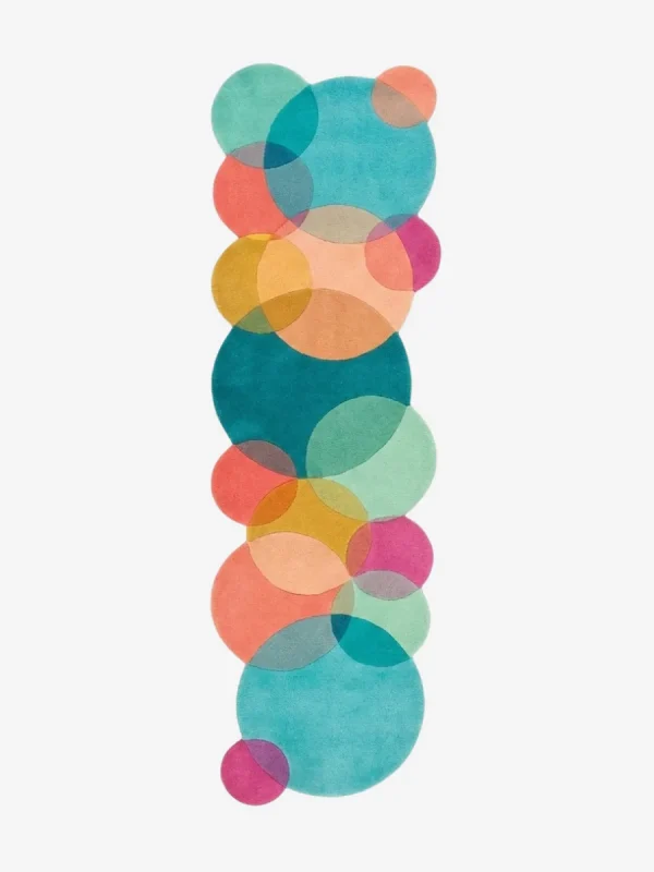 Top down view of the Pastel Tide runner rug on a white background, featuring a modern geometric pattern of interlocking colorful circles with custom shaped scalloped edges.