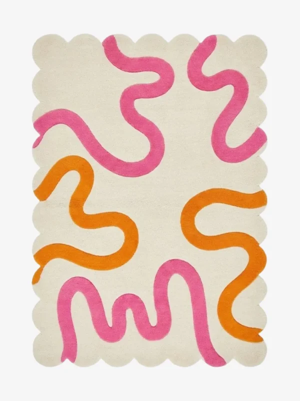 Top down view of the Peach Giggle rug featuring a soft cream background with playful abstract squiggly lines in bright pink and orange.