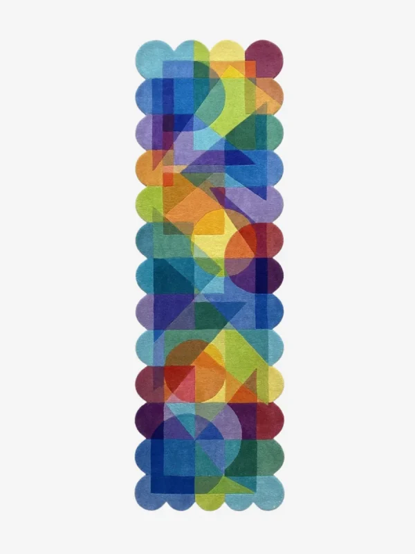 Top down view of the Prism Cascade runner rug on a white background, featuring a bold Bauhaus-inspired design with colorful translucent-effect shapes and custom scalloped edges.