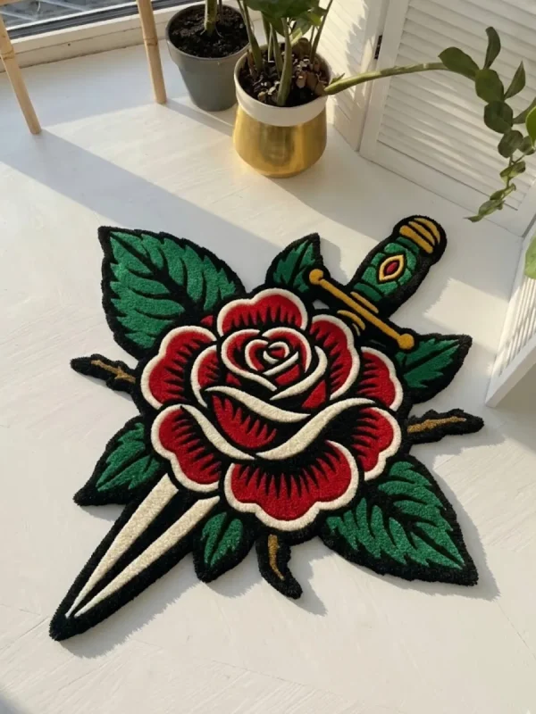 Top-down flat view of the Rose and Dagger rug, showcasing its bold American traditional tattoo flash design featuring a vibrant red rose pierced by a classic silver and gold dagger.
