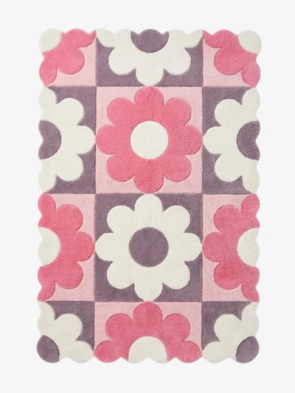 Rosette Blocks Floral Checkerboard Rug Flat Lay