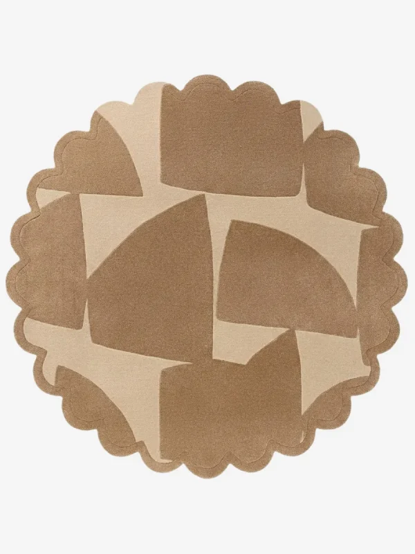 Top down view of the Rounded Dunes Round Rug featuring a soft beige wool background with abstract tan geometric shapes resembling sand dunes, finished with a custom scalloped edge.