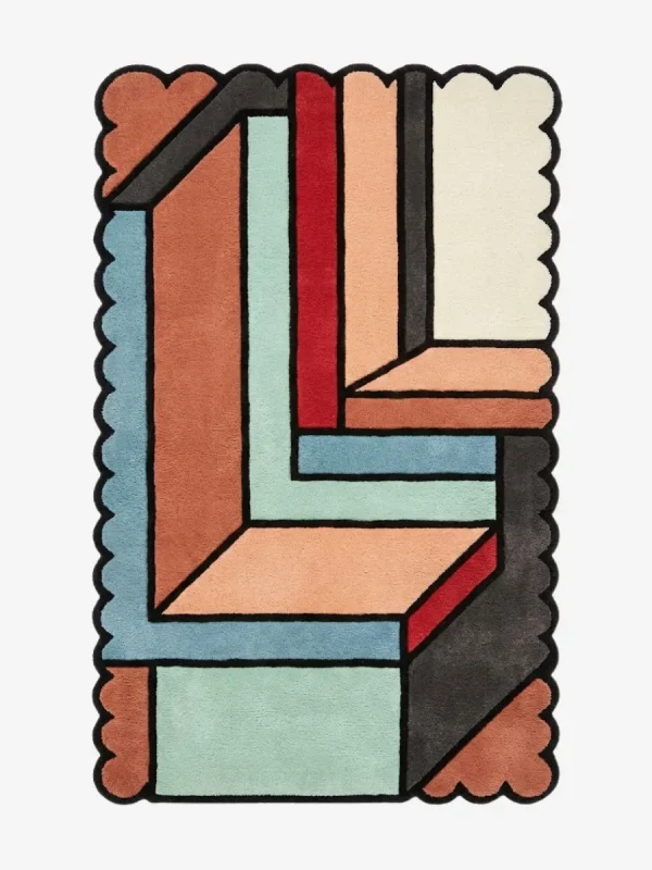 Top down view of the Sage Echo rug featuring a calming sage green wool center framed by a delicate lighter green contour line that echoes the shape, finished with a thick matching scalloped border.