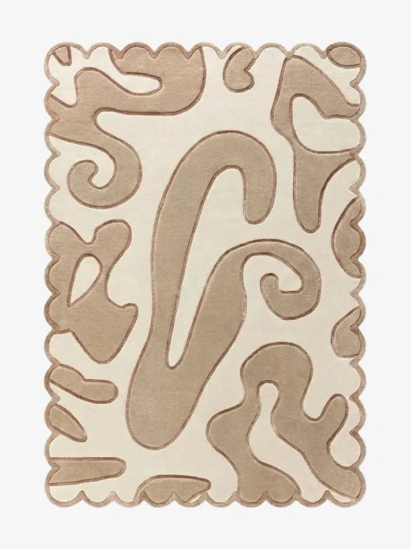 Top down view of the Sand Drift rug against a white background, featuring flowing, organic abstract shapes in solid beige on a cream background, framed by a continuous, undulating scalloped border.