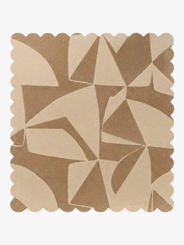 Top down view of the Sand Fragments Square rug featuring a fragmented geometric pattern in soft sand and tan shades, finished with custom scalloped edges.