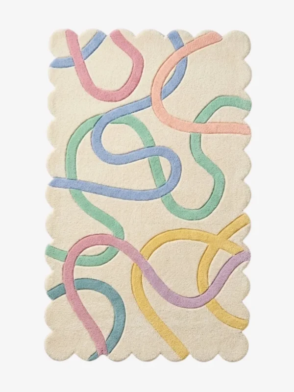 Top down view of the Sorbet Stream rug featuring a soft cream background with playful pastel colored abstract ribbons in pink blue green and yellow.