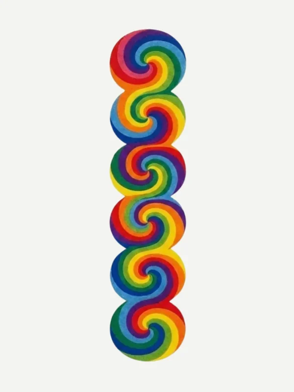 Top-down view of the Spectrum Rings runner rug against a white background, featuring a series of linked circles with a vibrant rainbow spiral pattern in red, orange, yellow, green, blue, and purple, which naturally forms a continuous scalloped outer edge.