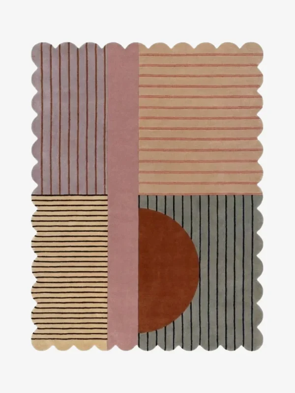 Top down view of the Terra Rift rug featuring a color-blocked design with striped quadrants in purple, peach, and grey, accented by a terracotta semi-circle and scalloped edges.