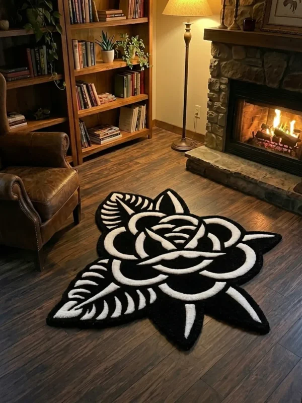Wide perspective view of the Thornveil black and white rose rug styled in a warm library or den, surrounded by a wooden bookcase, a glowing floor lamp, a lit stone fireplace, and a classic leather wingback chair.
