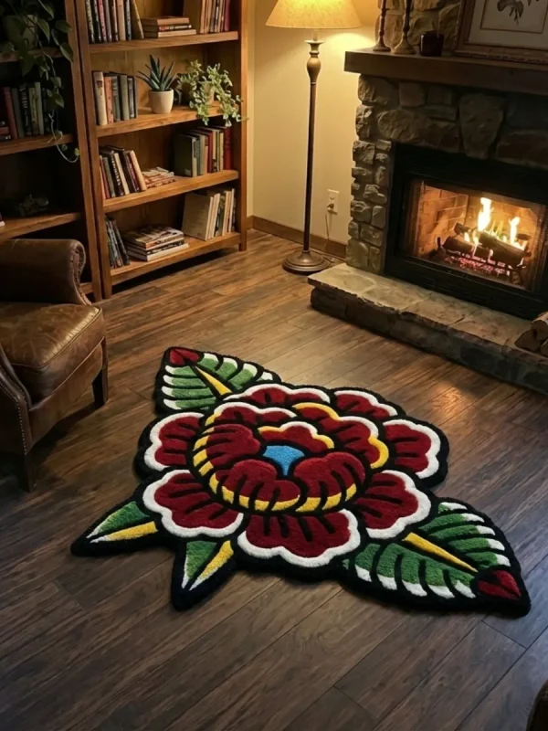 Perspective view of the die-cut Traditional Peony rug styled on a dark slate tile floor in a modern, sunlit hallway, positioned next to a sleek wooden bench.
